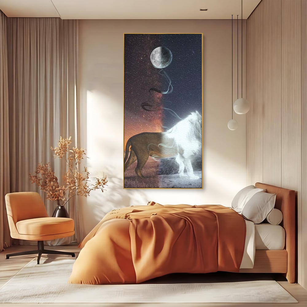 Tablou canvas cu tablou canvas cu leu si luna, in rama de aluminiu auriu, pe perete intr-un dormitor